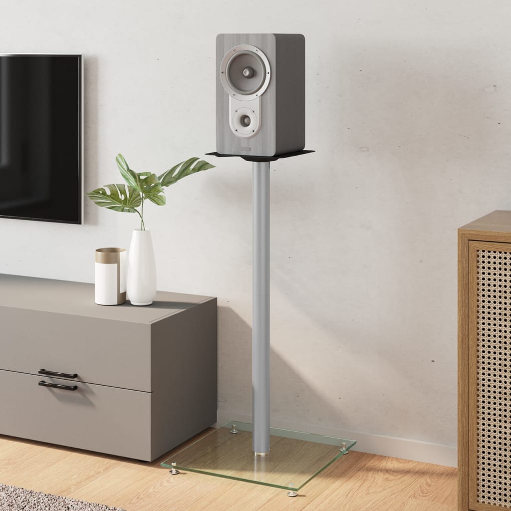 Speaker Stands 2 pcs. Silver Tempered Glass 1 Pillar