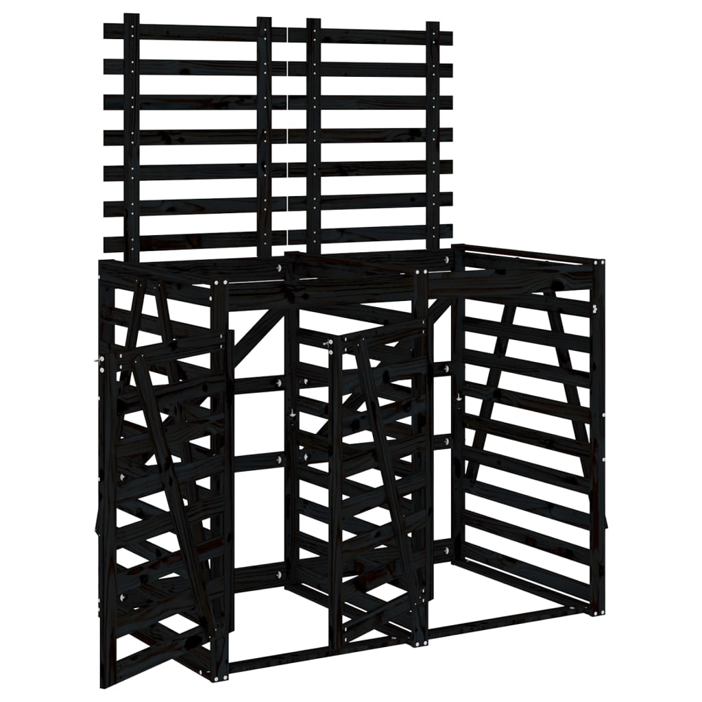 Two-bin trash can shed, black, solid pine