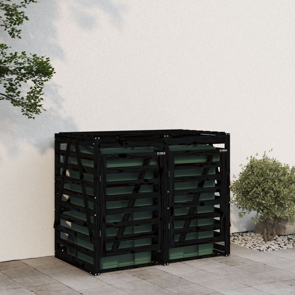 Two-bin trash can shed, black, solid pine