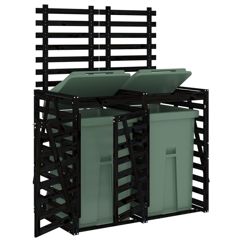 Two-bin trash can shed, black, solid pine