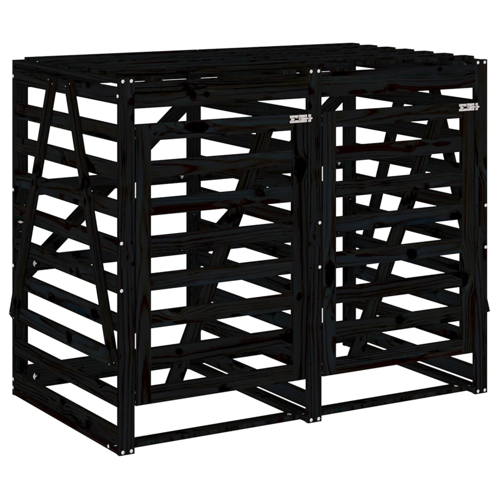 Two-bin trash can shed, black, solid pine