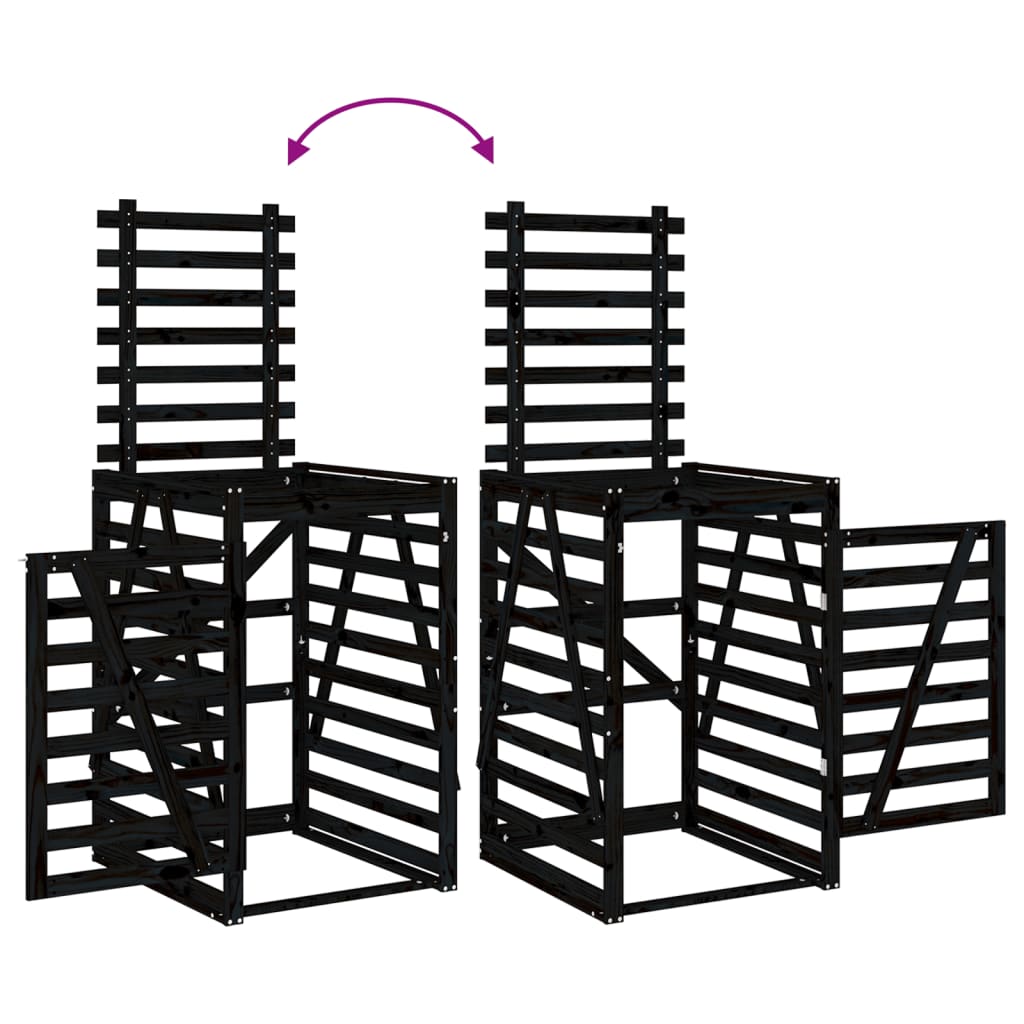 Two-bin trash can shed, black, solid pine
