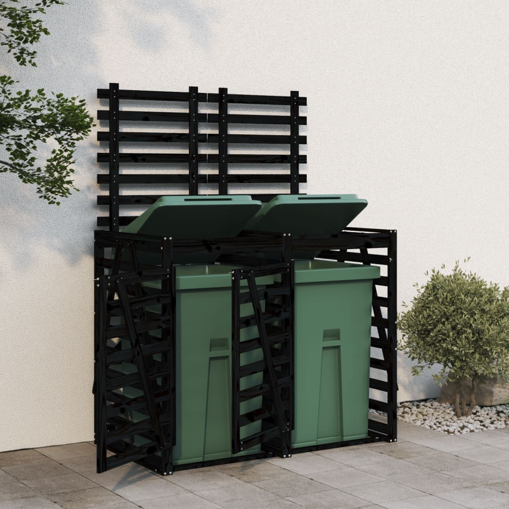 Two-bin trash can shed, black, solid pine