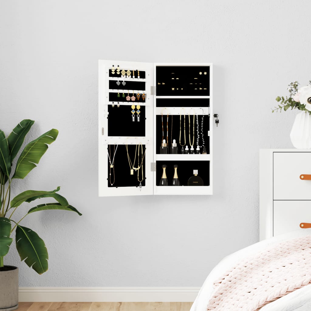Armoire à bijoux avec miroir, fixation murale, blanc 30x8,5x67 cm