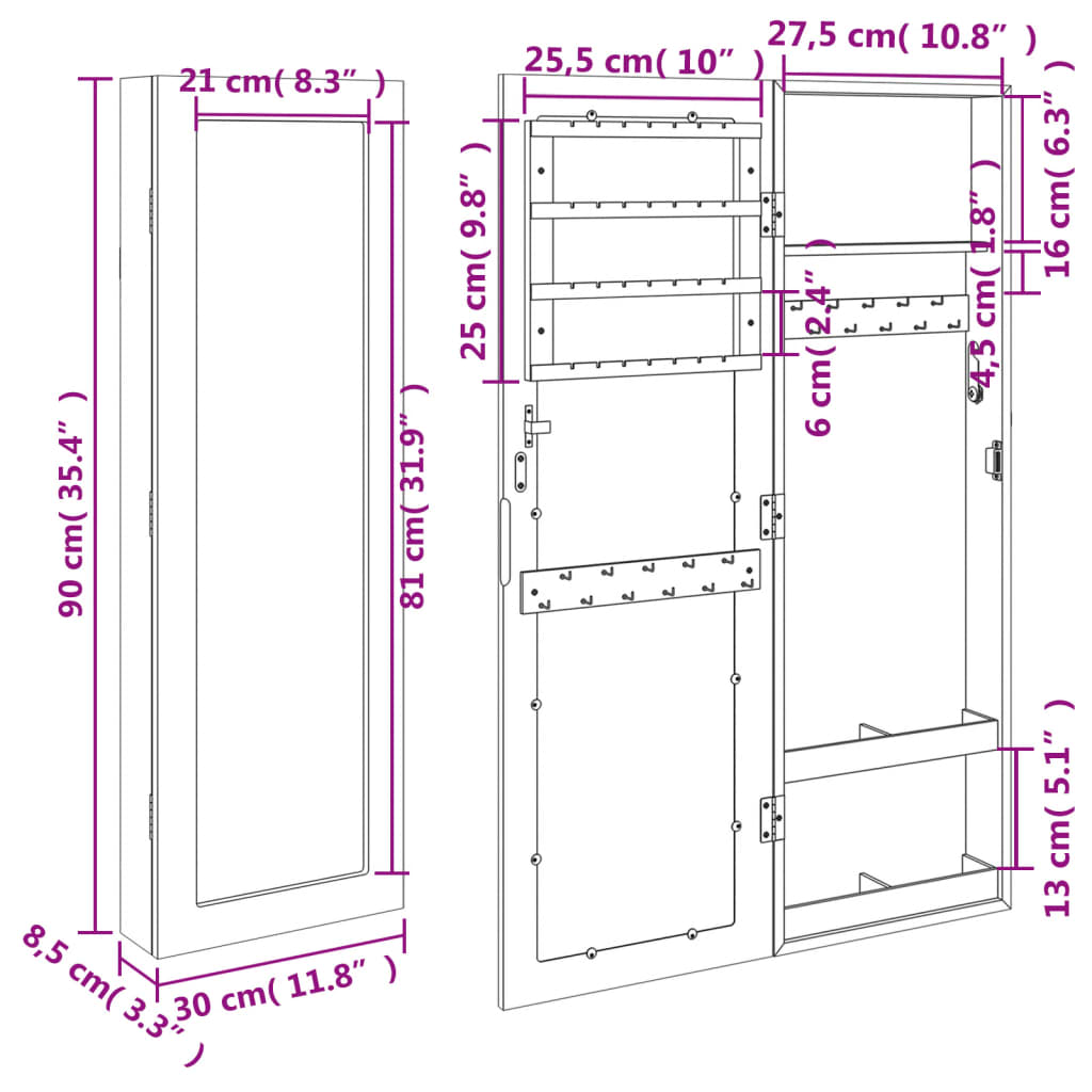 Armoire à bijoux avec miroir, fixation murale, noir, 30x8,5x90 cm