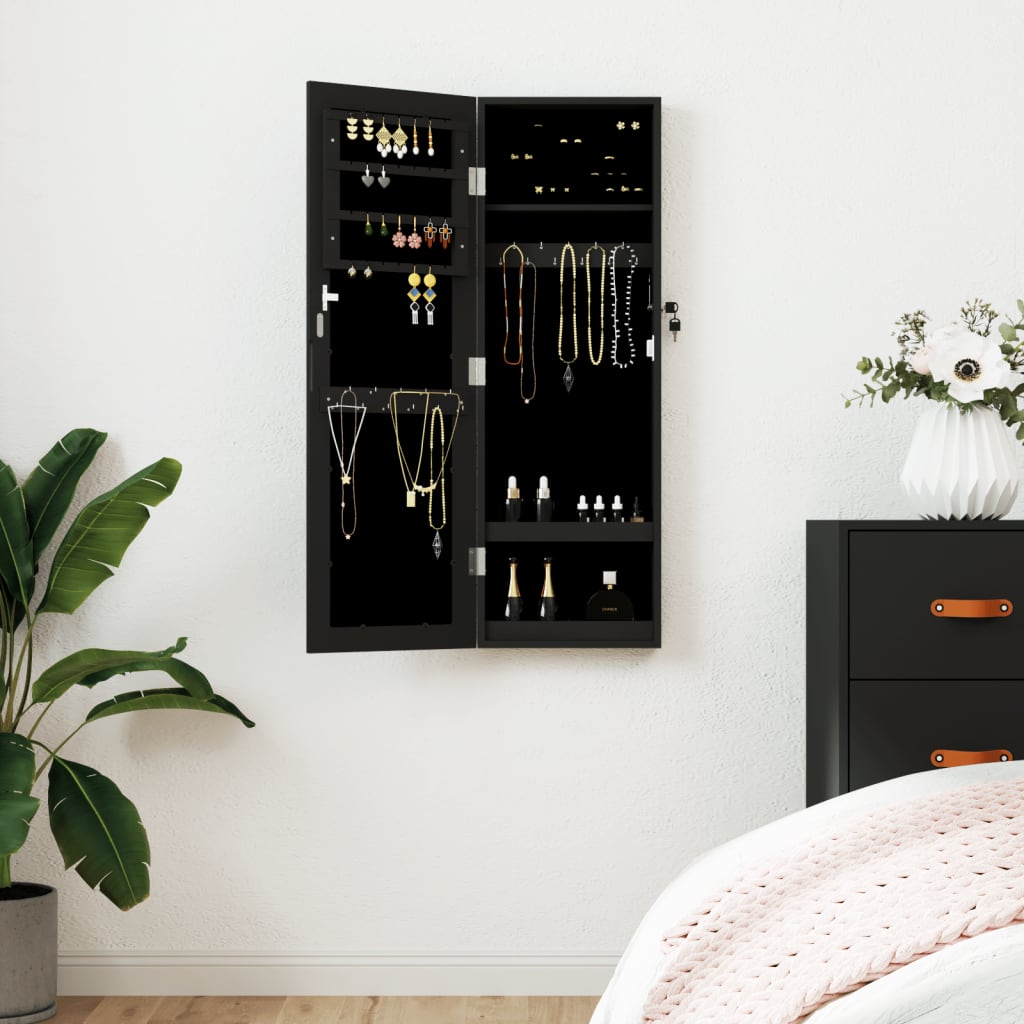 Armoire à bijoux avec miroir, fixation murale, noir, 30x8,5x90 cm