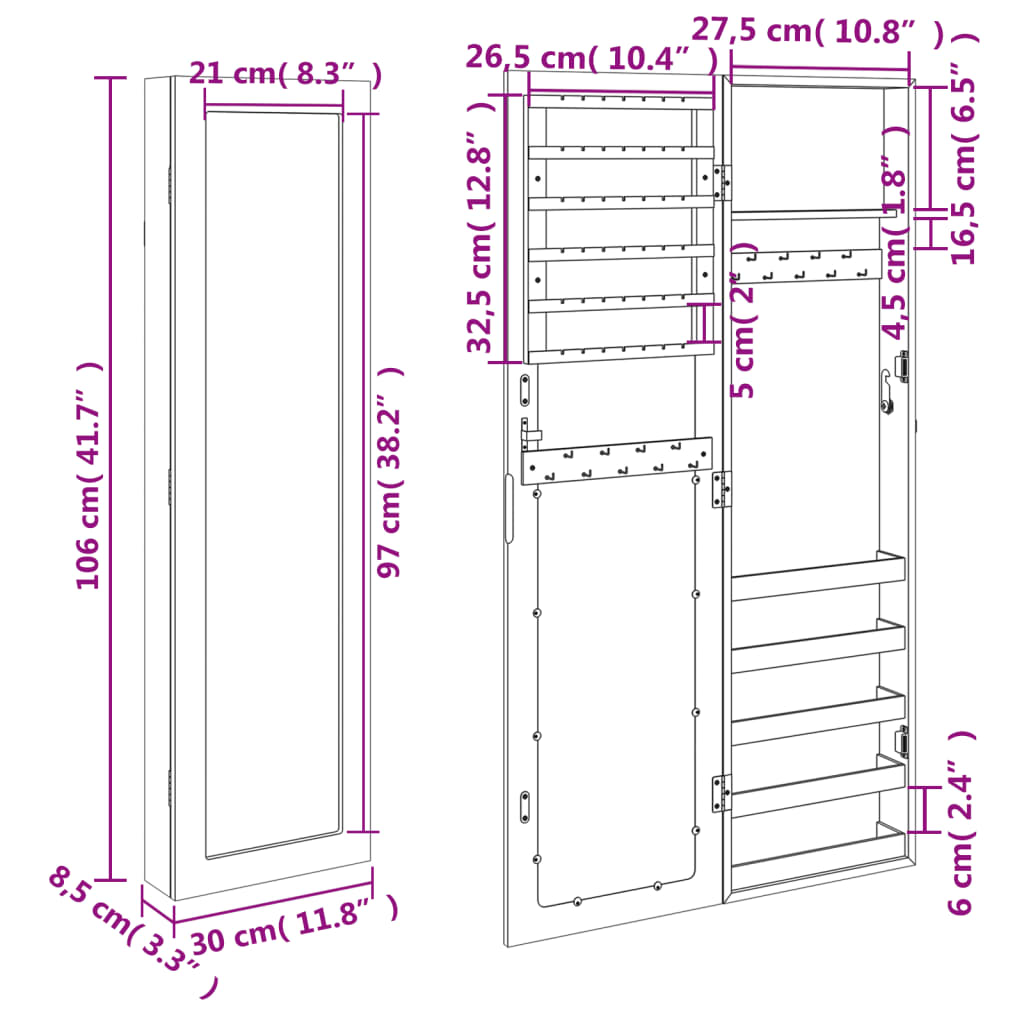 Armoire à bijoux murale avec miroir 30x8,5x106 cm