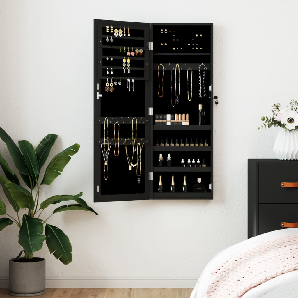 Jewelry Cabinet with Mirror Wall Mounted Black 37.5x10x106 cm