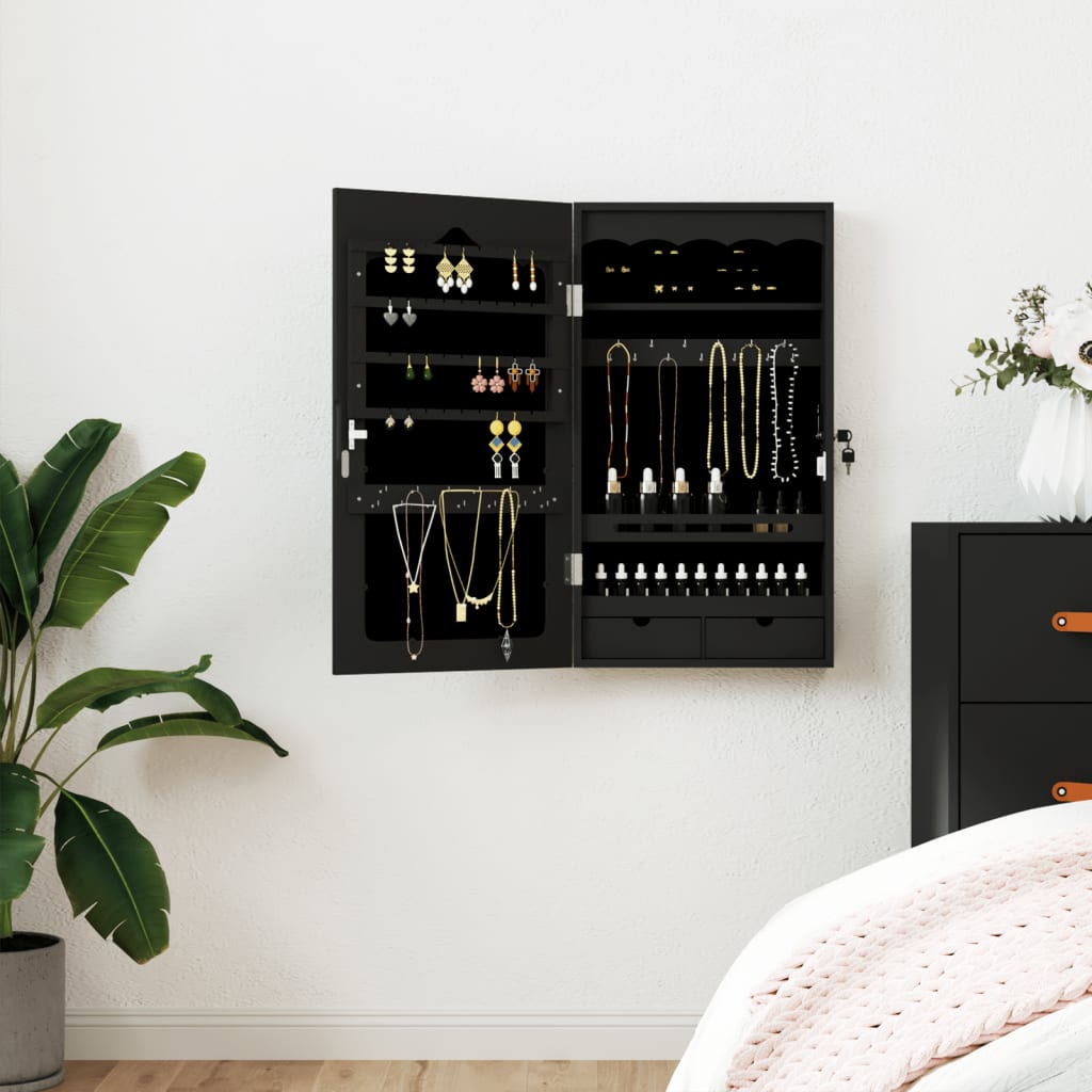 Armoire à bijoux murale avec miroir Noir 37,5x10x67 cm
