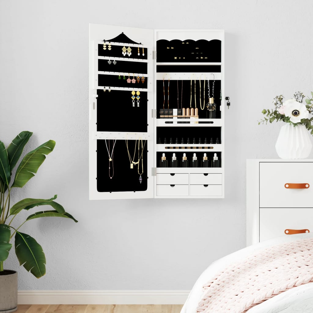 Armoire à bijoux avec miroir, fixation murale, blanc, 37,5x10x90 cm