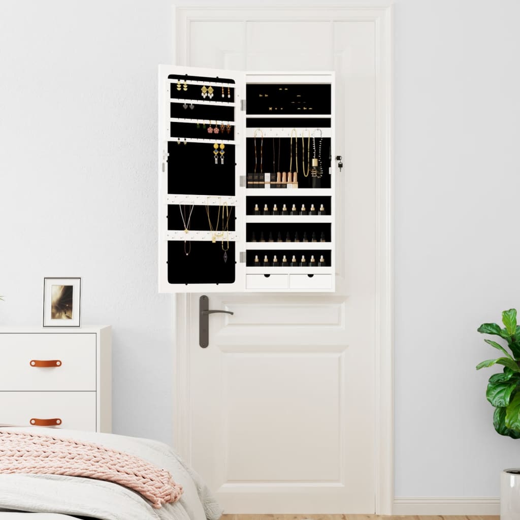 Mirror Jewelry Cabinet with LED Lighting Wall Mounted White