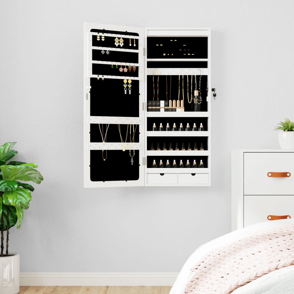 Mirror Jewelry Cabinet with LED Lighting Wall Mounted White