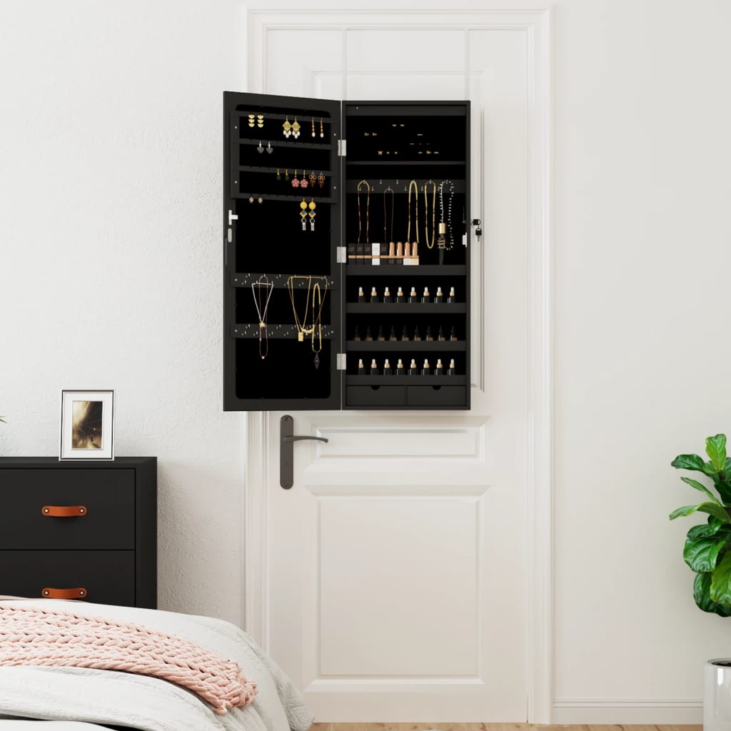 Mirror Jewelry Cabinet with LED Lighting Wall Mounted Black