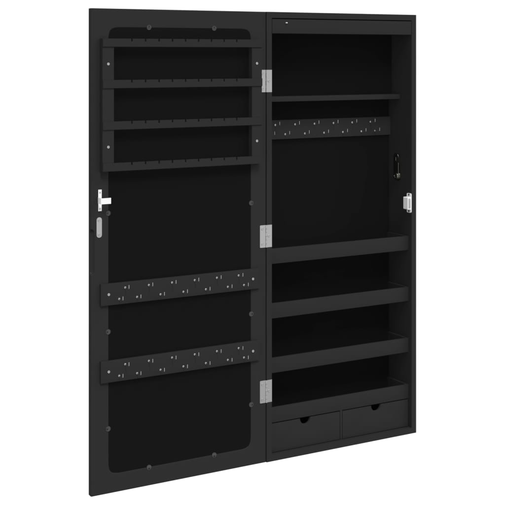 Mirror Jewelry Cabinet with LED Lighting Wall Mounted Black