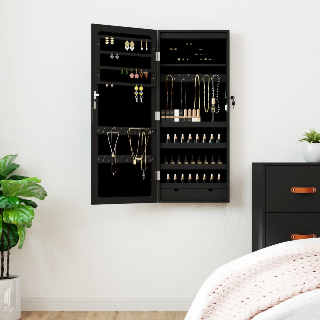 Mirror Jewelry Cabinet with LED Lighting Wall Mounted Black