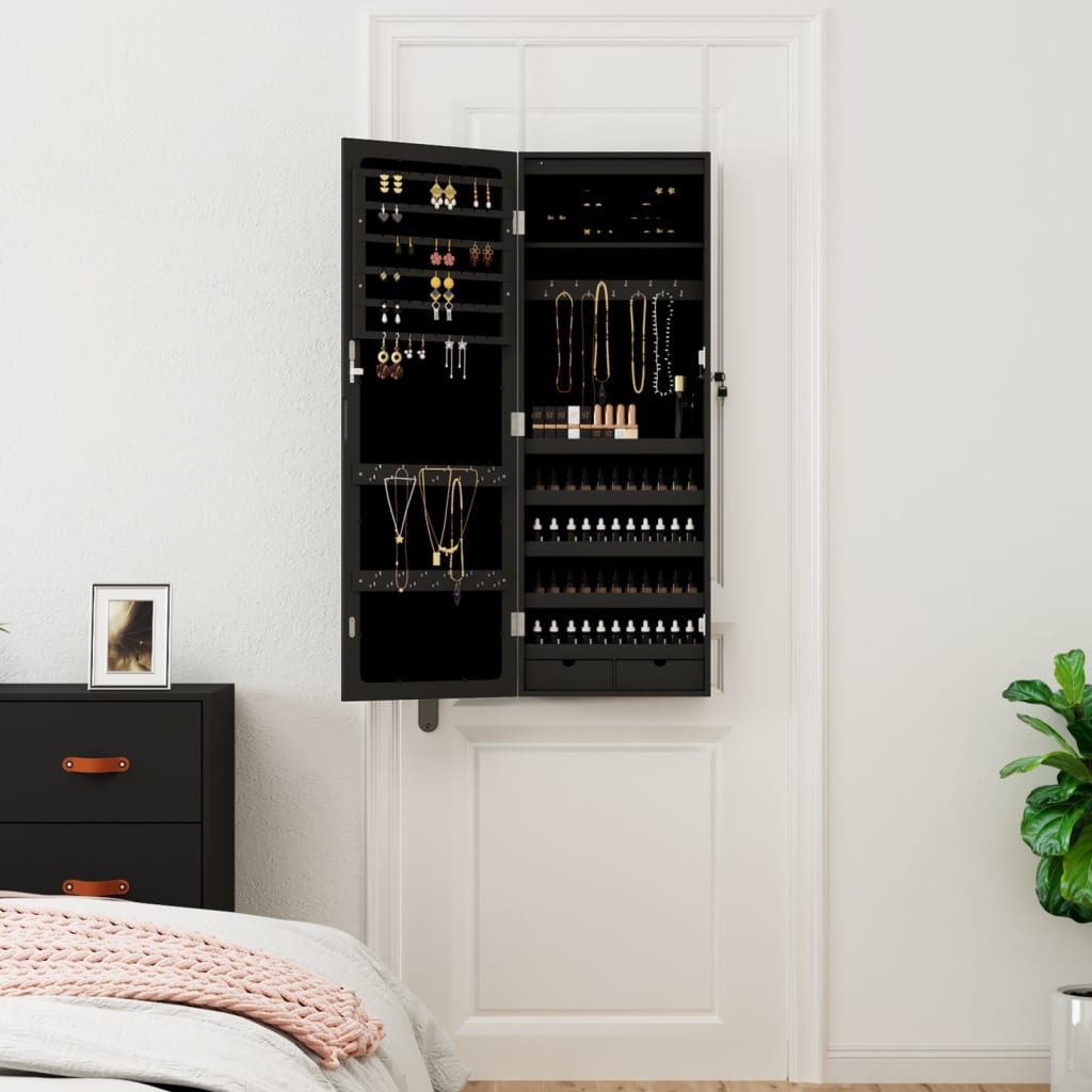 Mirrored Jewelry Cabinet with LED Lighting Wall Mount Black