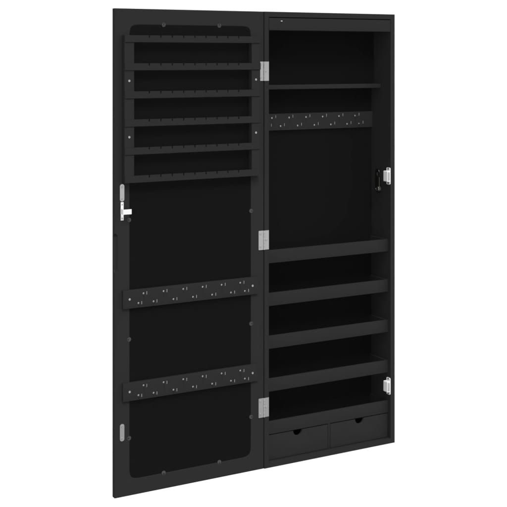 Mirrored Jewelry Cabinet with LED Lighting Wall Mount Black
