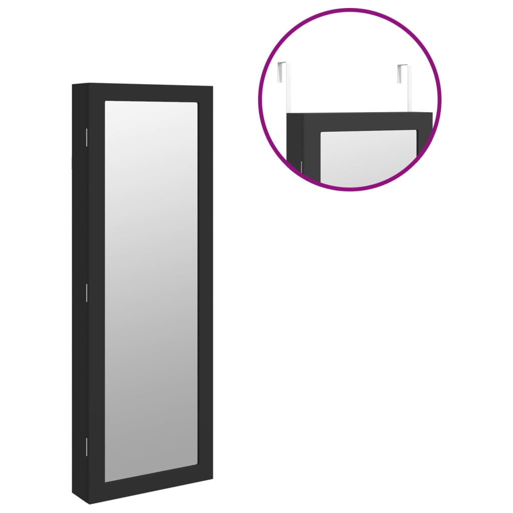 Mirrored Jewelry Cabinet with LED Lighting Wall Mount Black