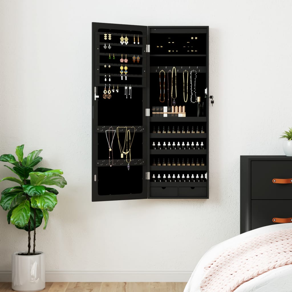Mirrored Jewelry Cabinet with LED Lighting Wall Mount Black