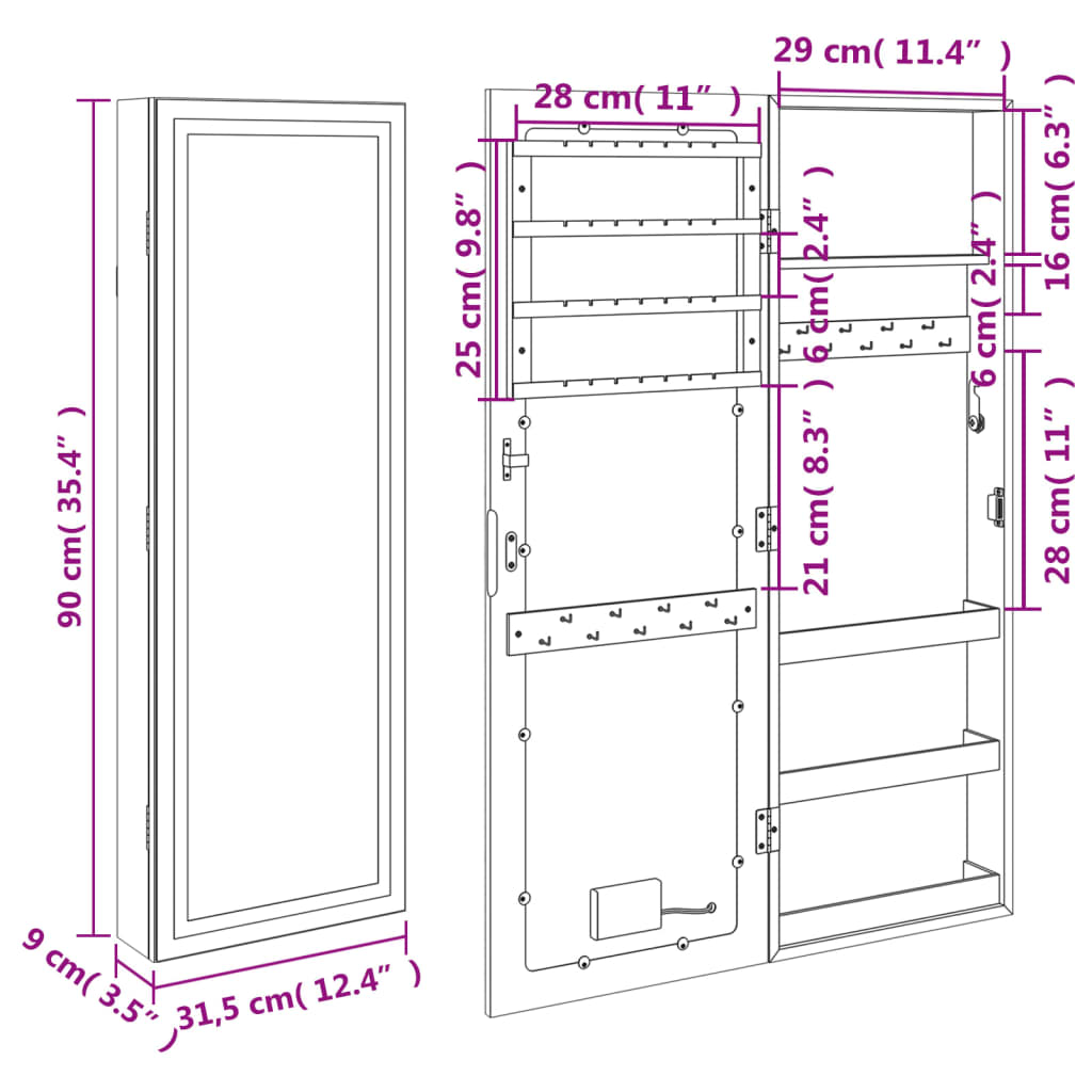 Armoire à bijoux miroir avec éclairage LED Montage mural Noir