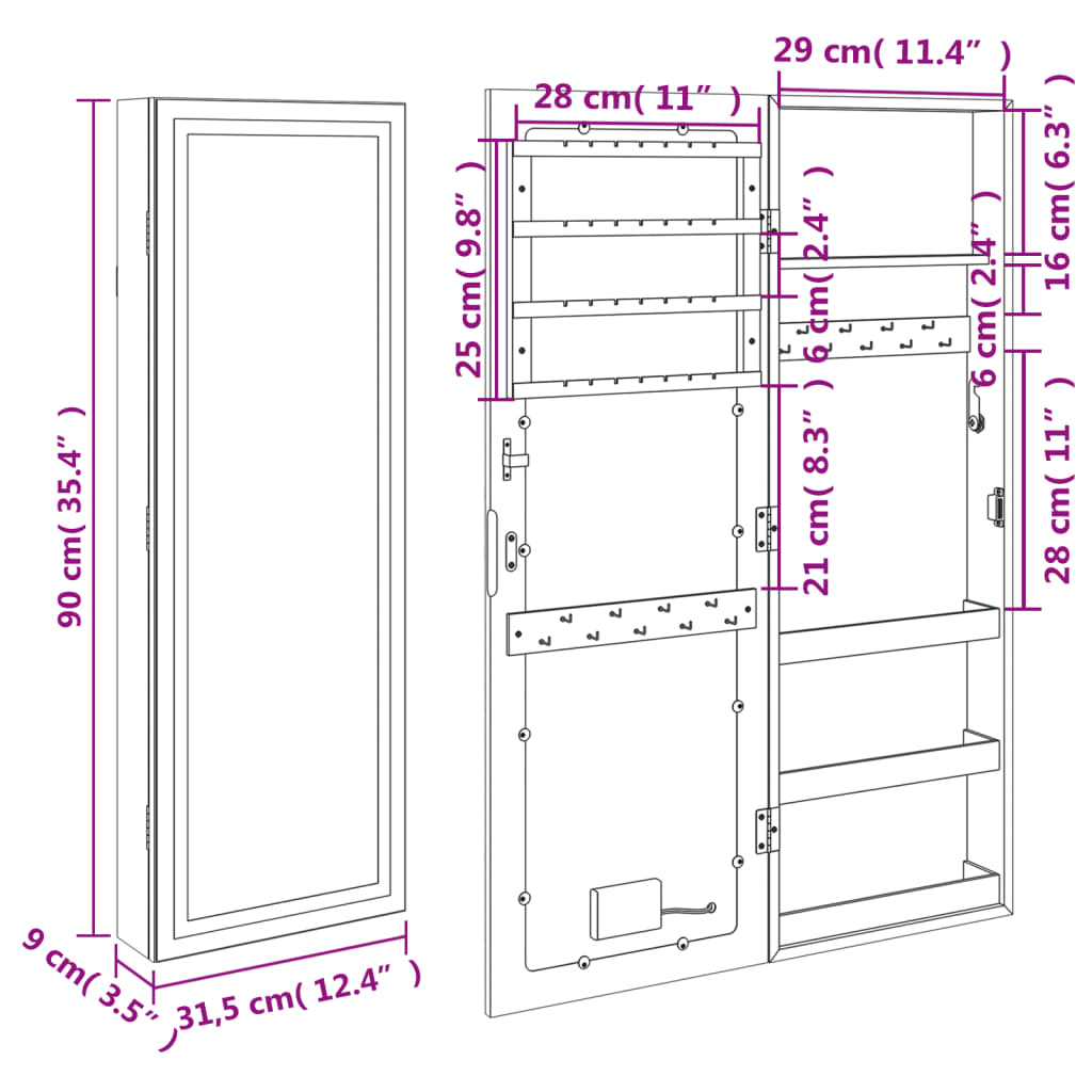 Spiegel-Schmuckschrank mit LED-Beleuchtung Wandmontage