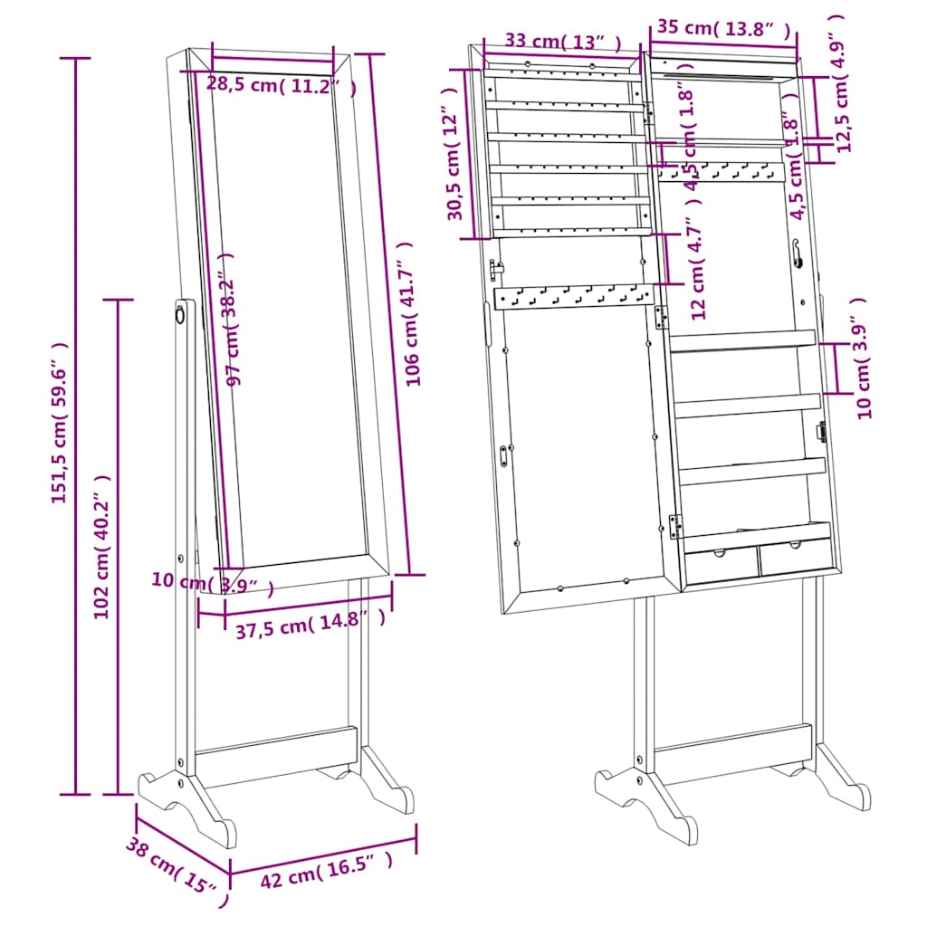 Jewelry Cabinet with Mirror & LED Lighting Freestanding White