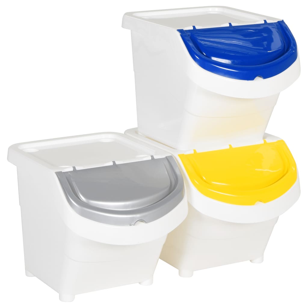 Poubelles avec couvercles 3 pièces Empilables Blanc PP 78 L