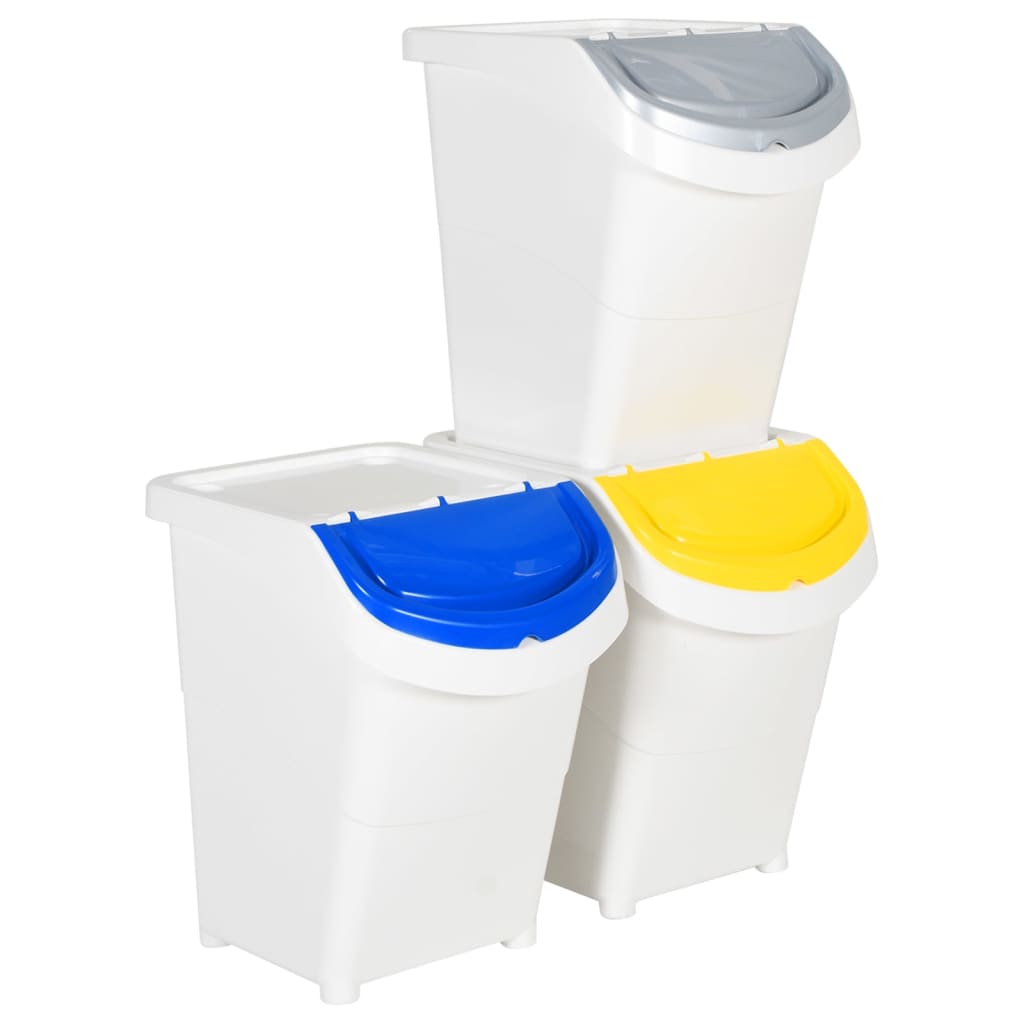 Waste bins with lids 3 pcs. Stackable White PP 120 L
