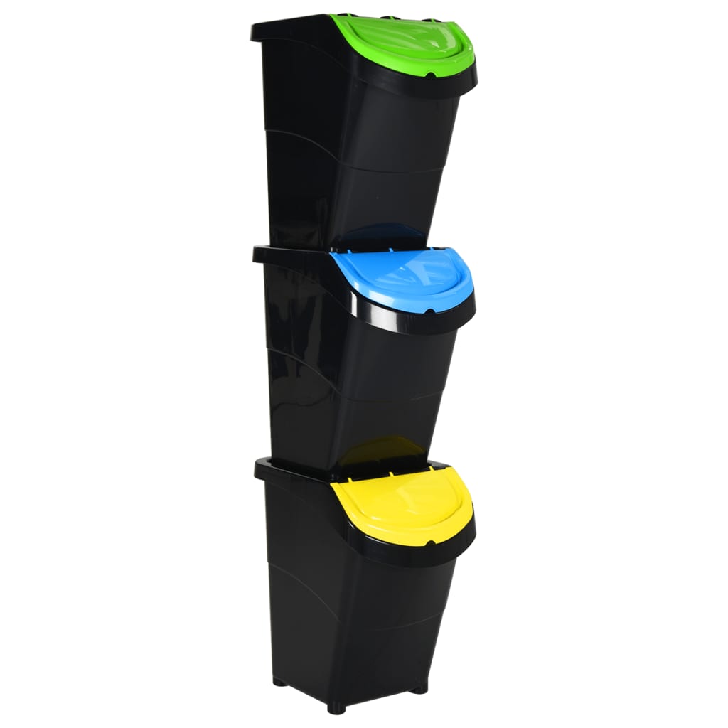 Waste Bins with Lids 3 pcs. Stackable Black PP 120 L