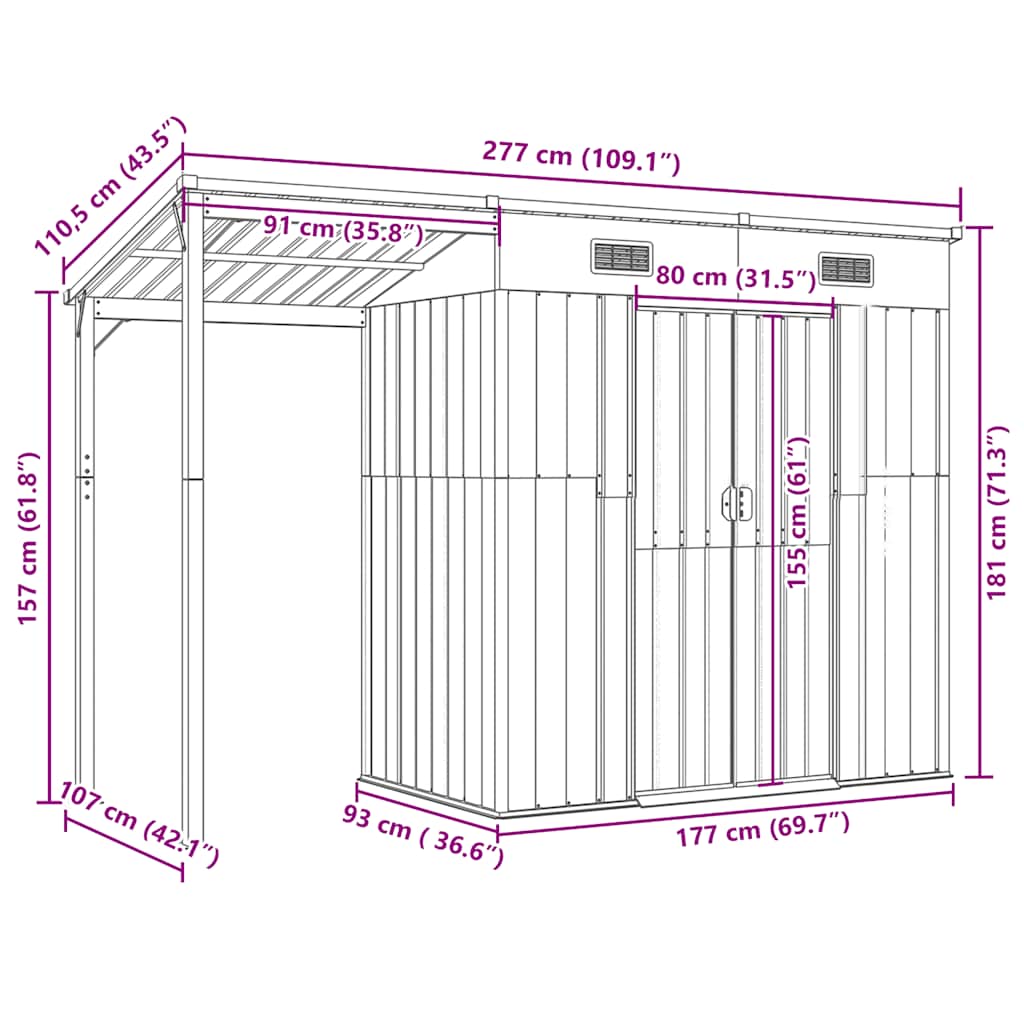 Gartenhaus mit Schleppdach Anthrazit 277x107x181 cm Stahl
