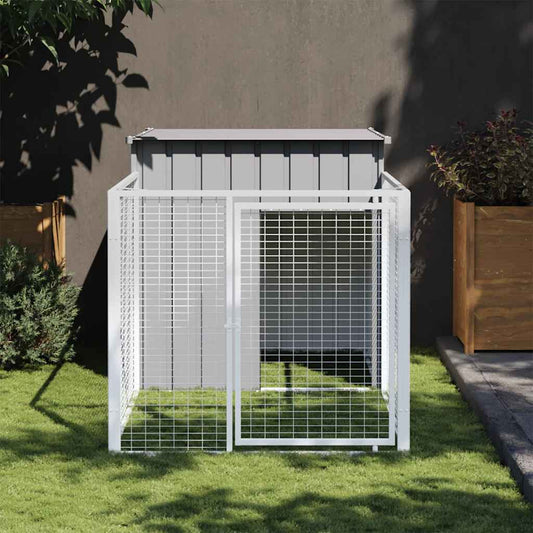 Hundehütte mit Auslauf Hellgrau 110 x 201 x 110 cm Verzinkter Stahl