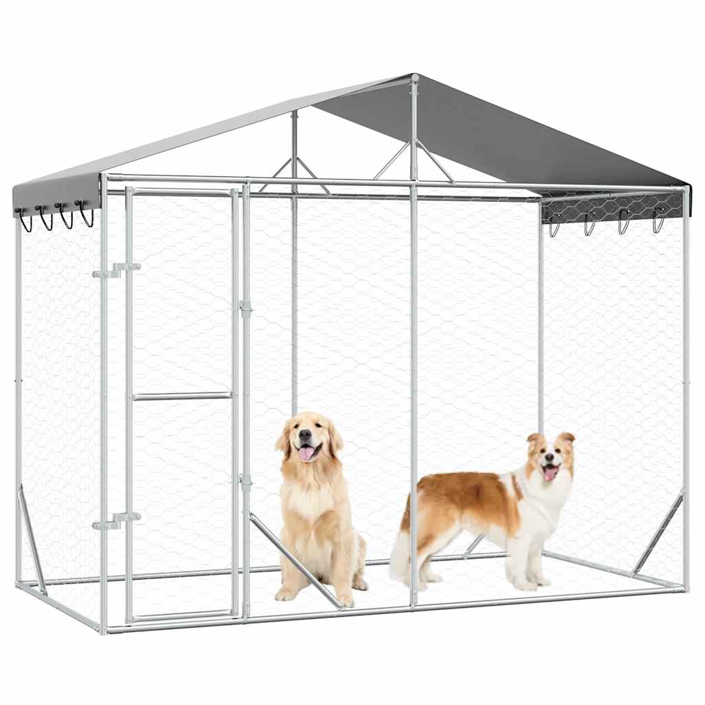 Outdoor-Hundezwinger mit Dach Silber 3x1,5x2,5m Stahl Verzinkt