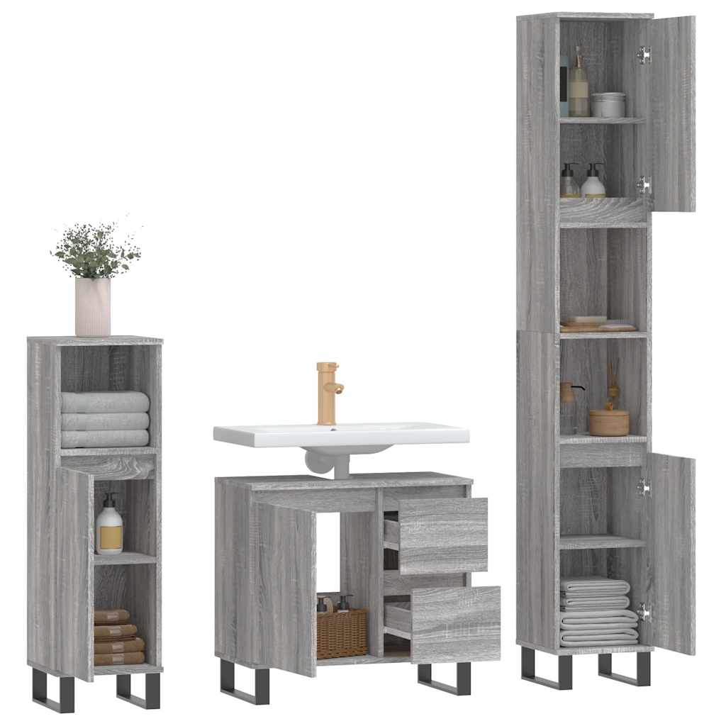 3-tlg. Badmöbel-Set Grau Sonoma Holzwerkstoff