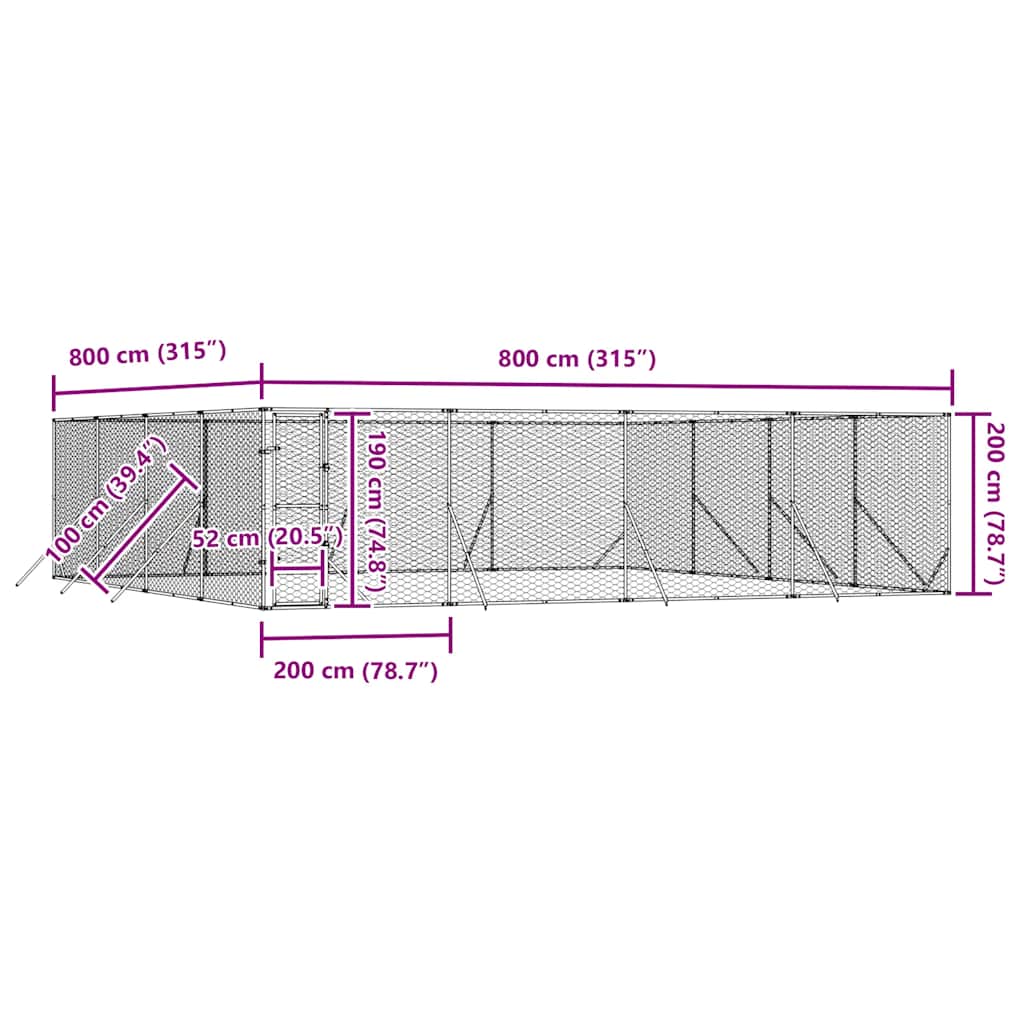 Outdoor-Hundezwinger Silbern 8x8x2 m Verzinkter Stahl