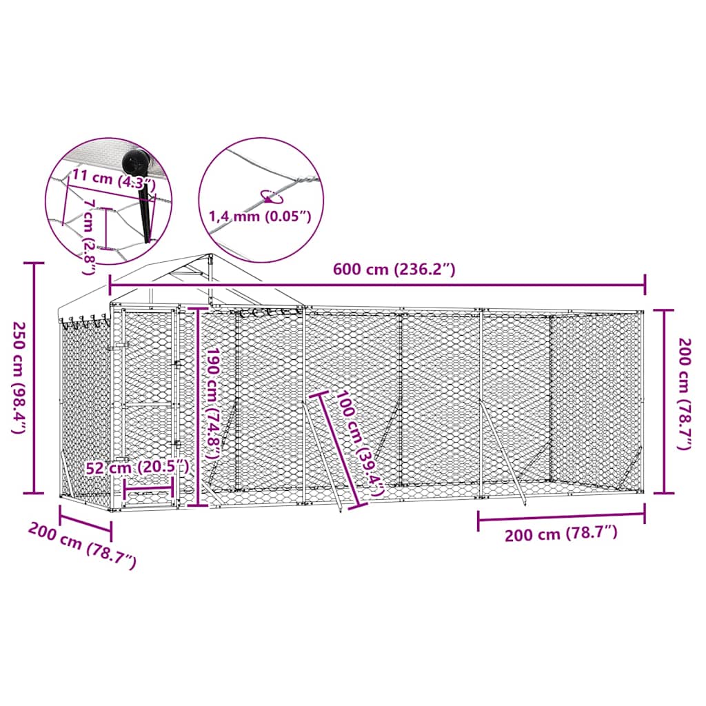 Outdoor-Hundezwinger mit Dach Silber 6x2x2,5 m Verzinkter Stahl