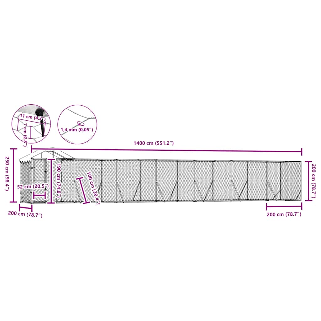 Outdoor-Hundezwinger mit Dach Silbern 14x2x2,5 m Stahl Verzinkt