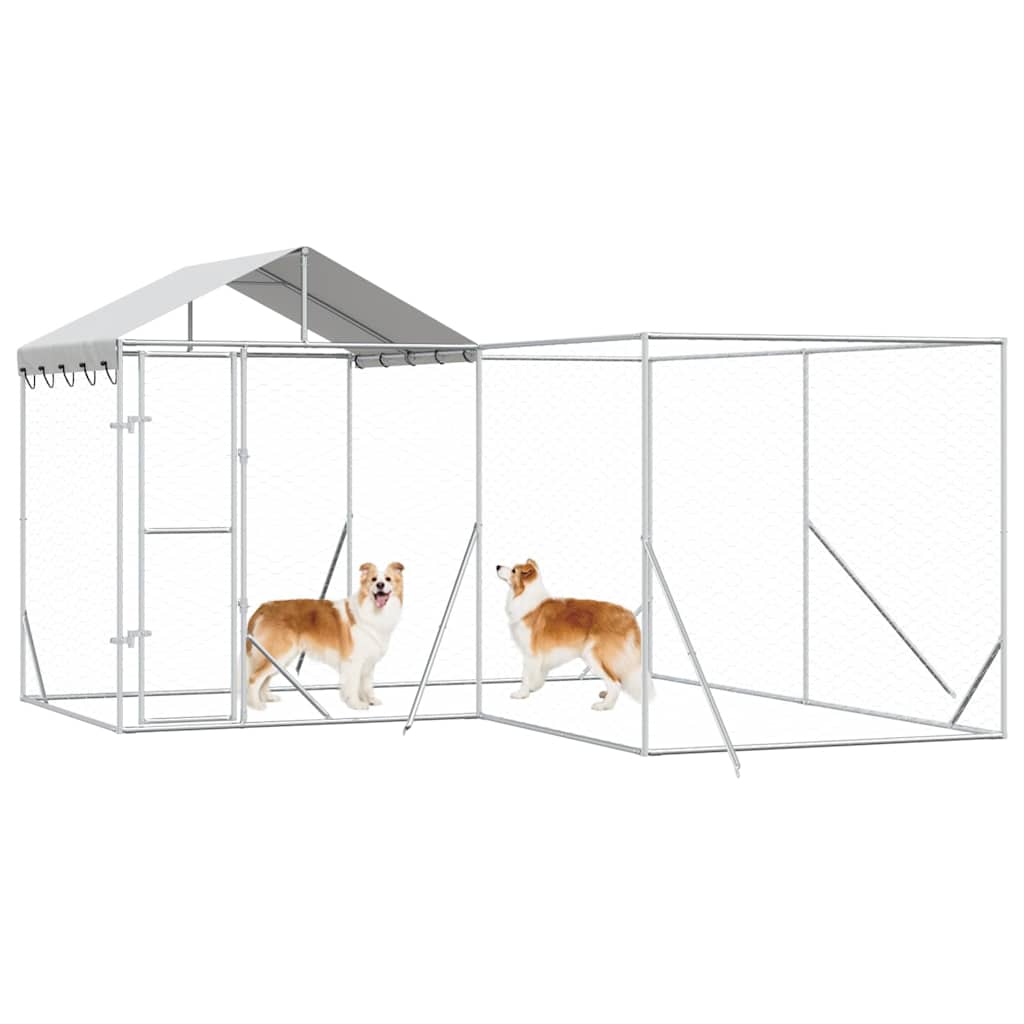 Outdoor-Hundezwinger mit Dach Silbern 4x4x2,5m Verzinkter Stahl