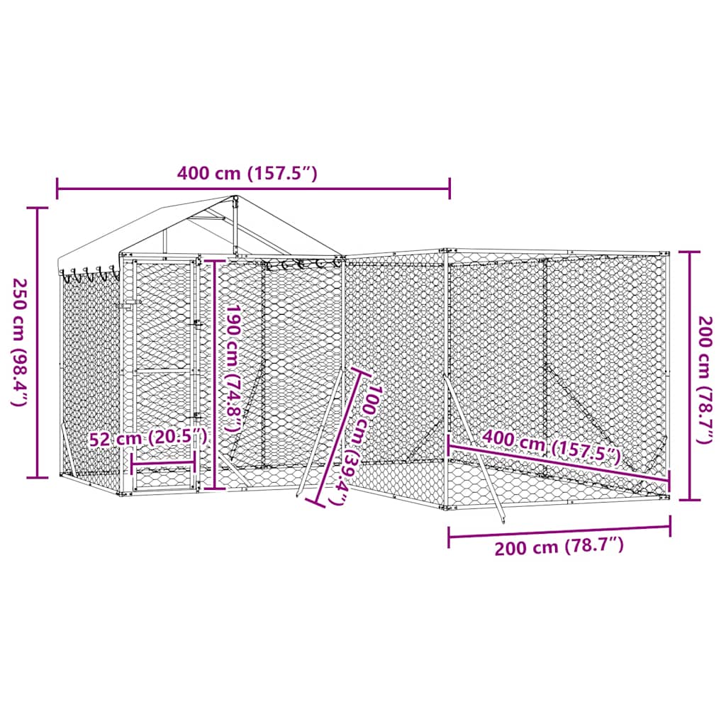 Outdoor-Hundezwinger mit Dach Silbern 4x4x2,5m Verzinkter Stahl