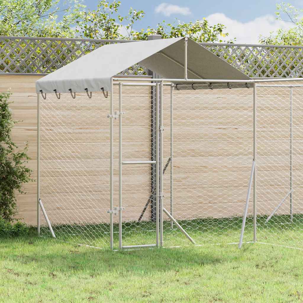 Outdoor-Hundezwinger mit Dach Silbern 4x4x2,5m Verzinkter Stahl