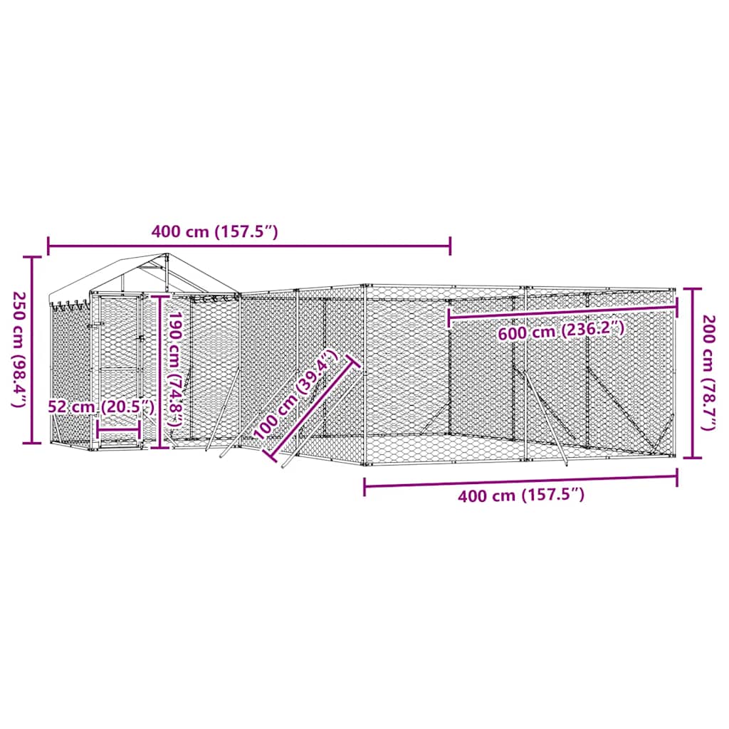 Outdoor-Hundezwinger mit Dach Silbern 6x6x2,5m Verzinkter Stahl
