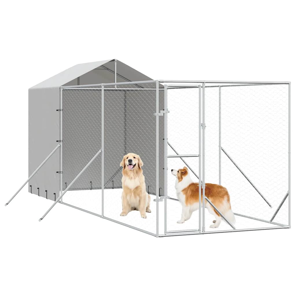 Outdoor-Hundezwinger mit Dach Silbern 2x6x2,5m Verzinkter Stahl