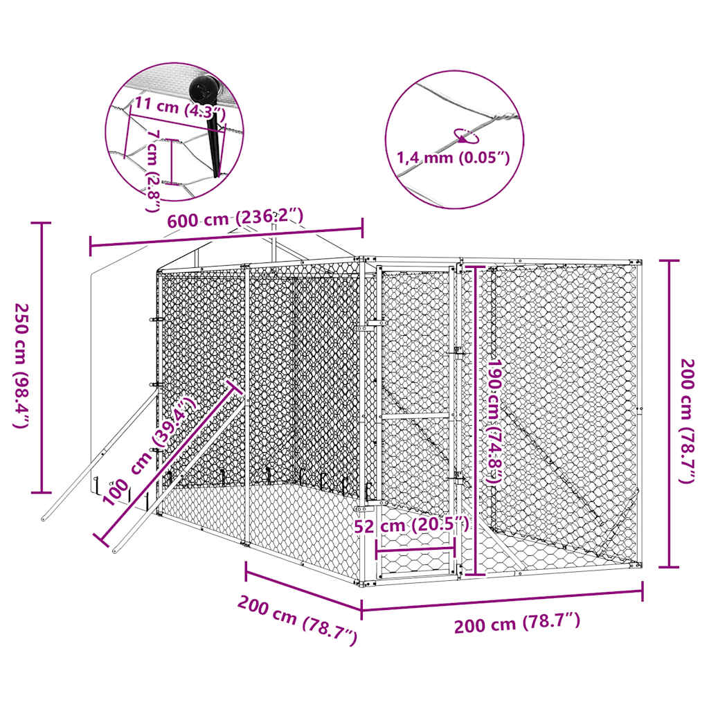Outdoor-Hundezwinger mit Dach Silbern 2x6x2,5m Verzinkter Stahl