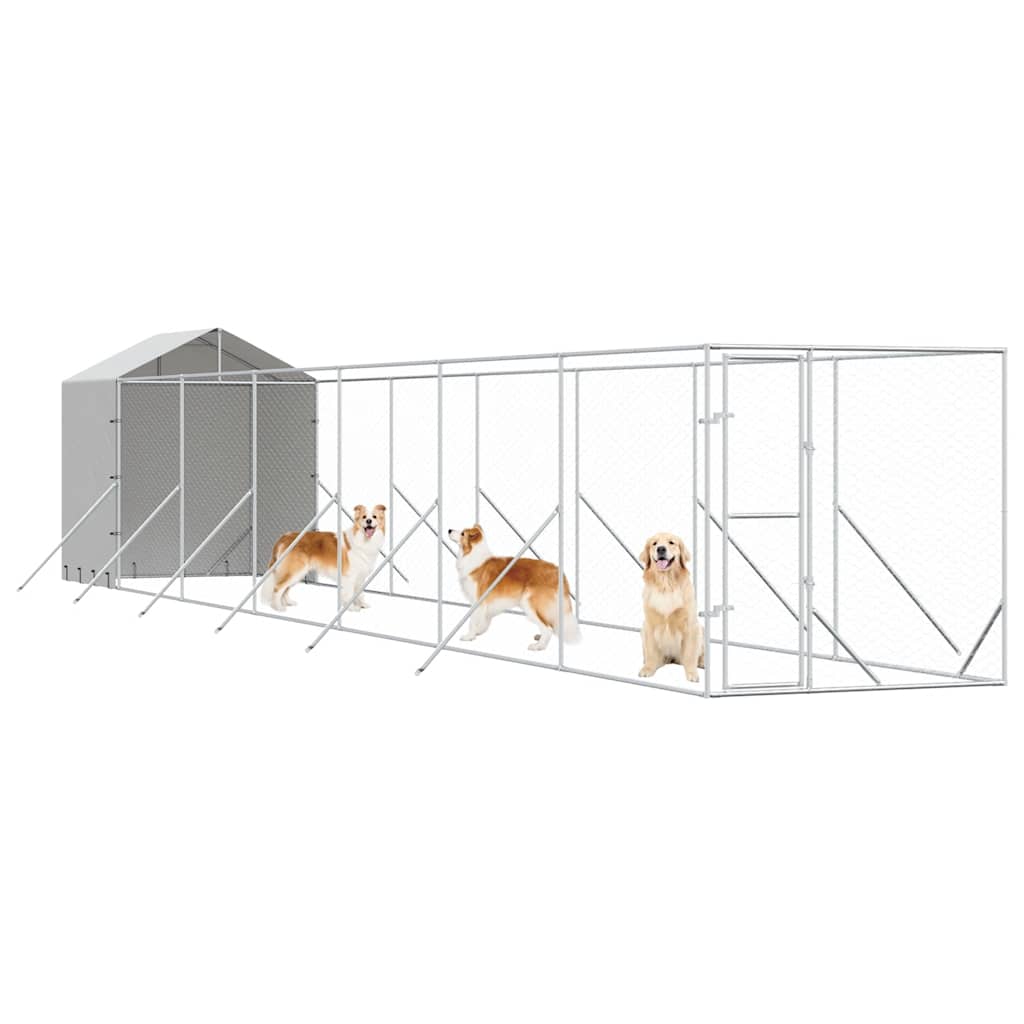 Outdoor-Hundezwinger mit Dach Silbern 2x14x2,5 m Stahl Verzinkt