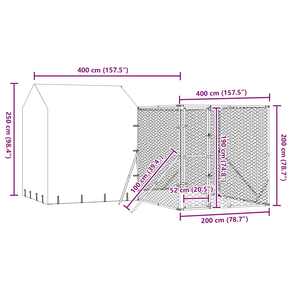 Outdoor-Hundezwinger mit Dach Silbern 4x4x2,5m Verzinkter Stahl
