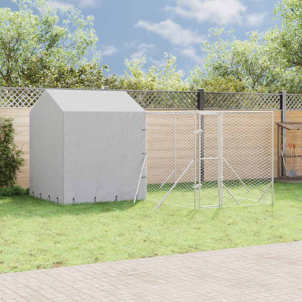 Outdoor-Hundezwinger mit Dach Silbern 4x4x2,5m Verzinkter Stahl