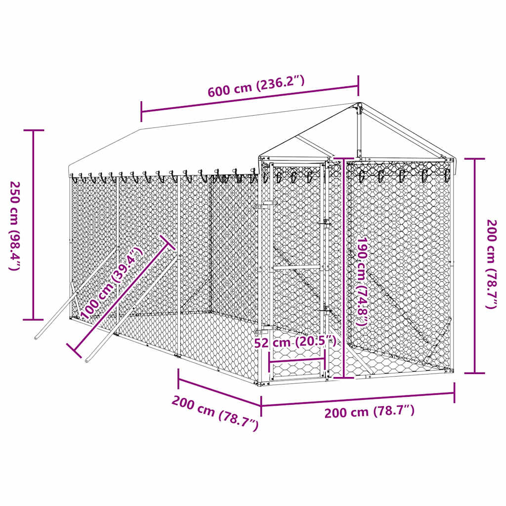 Outdoor-Hundezwinger mit Dach Silbern 2x6x2,5m Verzinkter Stahl