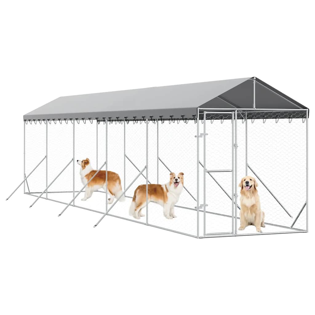 Outdoor-Hundezwinger mit Dach Silbern 2x10x2,5 m Stahl Verzinkt