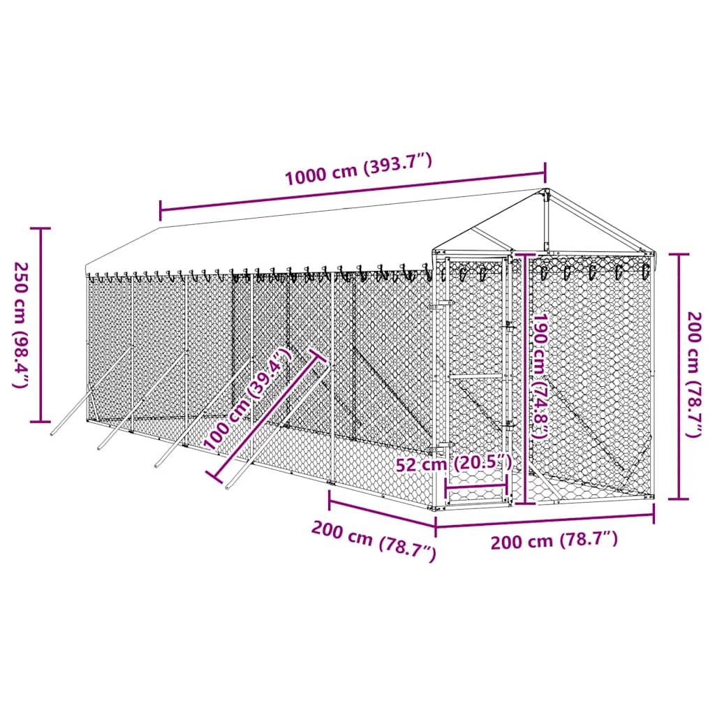 Outdoor-Hundezwinger mit Dach Silbern 2x10x2,5 m Stahl Verzinkt