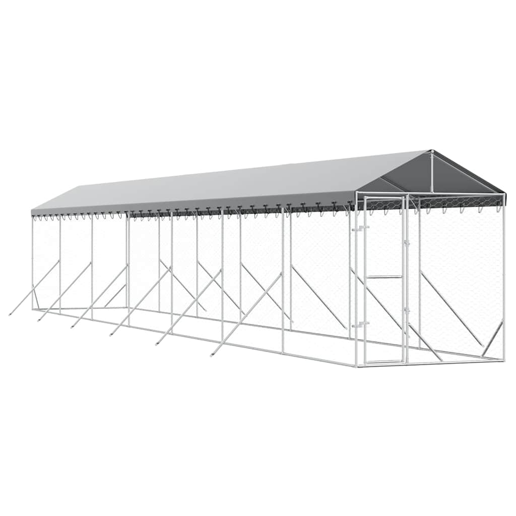 Outdoor-Hundezwinger mit Dach Silbern 2x14x2,5 m Stahl Verzinkt