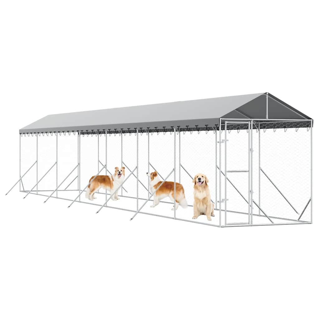 Outdoor-Hundezwinger mit Dach Silbern 2x14x2,5 m Stahl Verzinkt